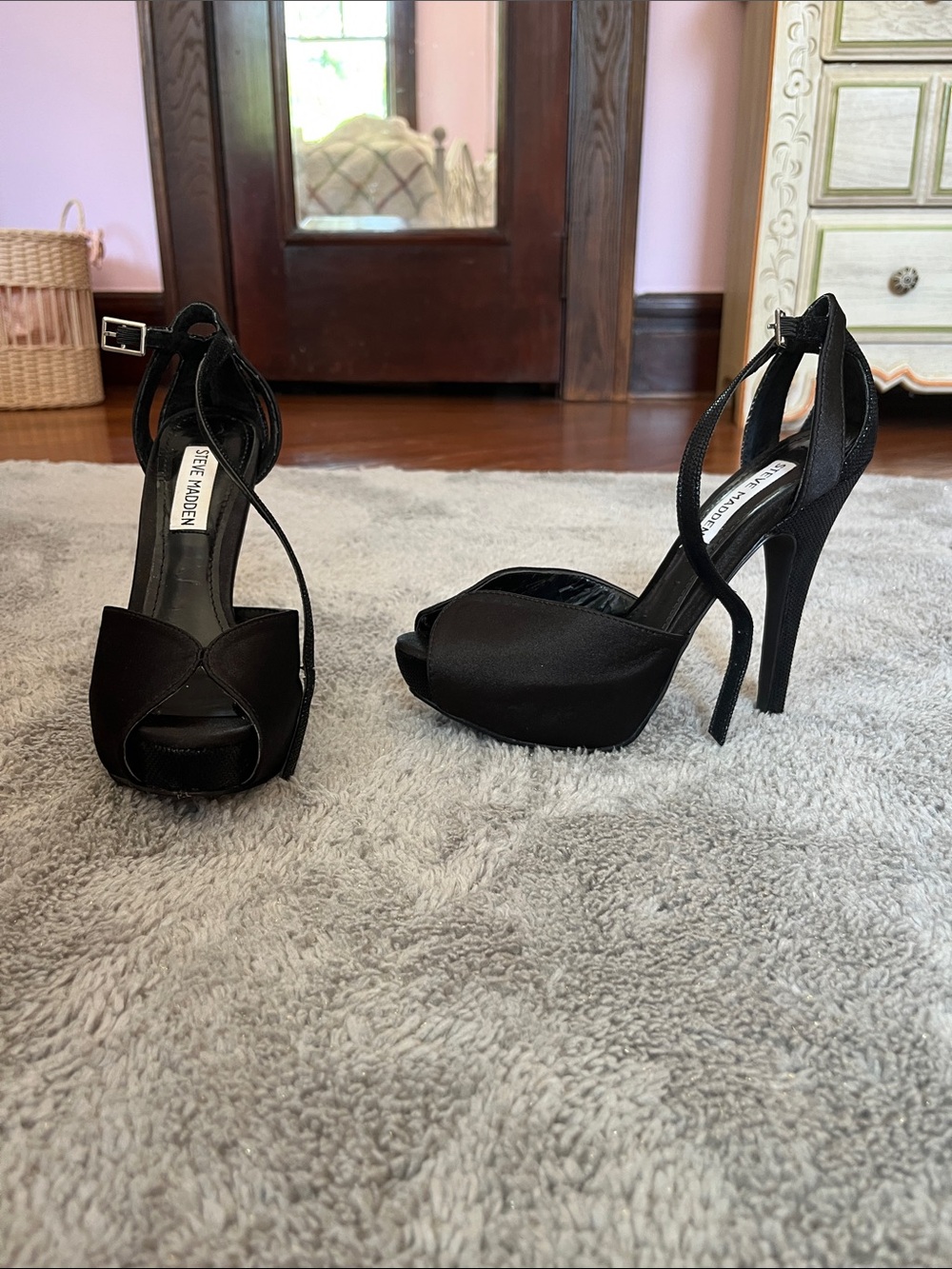 Steve Madden Black Satin Peep-Toe Platform Heels with Ankle Strap
